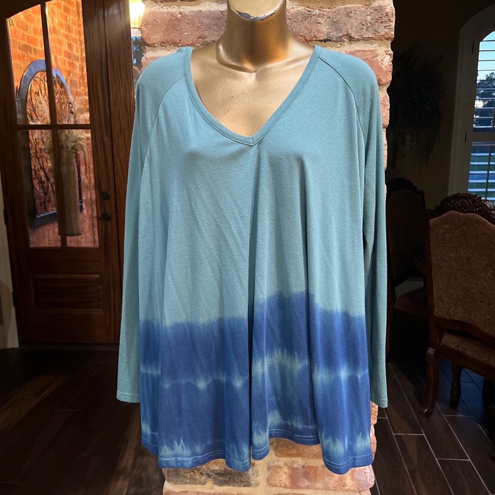 Very J Women Green Blue Tie Dye Hi Lo Long Sleeve Blouse Size M
